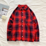 BONSIR  -  New Autumn Winter Red Plaid Shirt Men Vintage Long Sleeve Fashion Loose Lapel Pocket Shirt Streetwear Blouse Tops Korean Style
