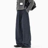 BONSIR  -  Korean Style Men's Casual Pants Wollen Elastic Waist Plaid Design Contrast Color Wide Leg Drawstring Male Bottom 24K5362
