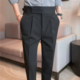Bonsir British Style Autumn New Men High Waist Suit Pants Belt Design Slim Fit Social Trousers Formal Business Office High Quality Pant