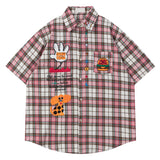 BONSIR  -  Summer Mens Plaid Short Sleeve Shirts Hip Hop Cartoon Embroidered Patch Blouses Harajuku Streetwear Casual Fashion Loose Shirts