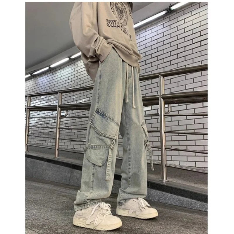 Bonsir Autumn And Winter New Japanese Overalls Jeans Men And Women American Retro High Street Micro-la Washed Wide-leg Straight Pants