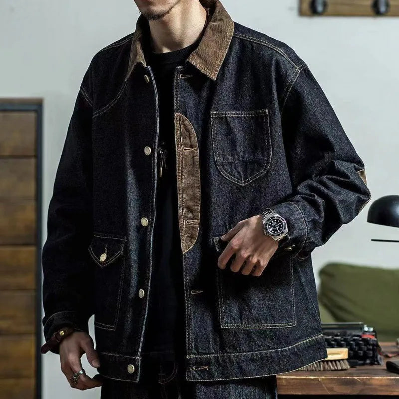 Bonsir Vintage Denim Jackets Men Retro Cargo Jacket Coats Outerwear Coat for Men Distressed Streetwear Japanese Patchwork