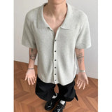 BONSIR  -  Old money style gray lapel knitted cardigan men's summer thin short-sleeved shirt high-end loose casual coat tide