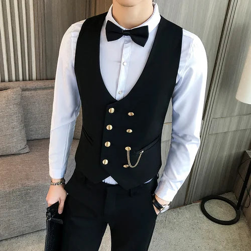 Bonsir Latest Style Double Breasted Men Suit Vest Gold Button Slim Fit Formal Groom Wedding Vest Streetwear Sleeveless Vest Jacket