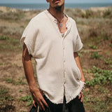 BONSIR  -  Vintage Men Cotton Linen Shirt Oversize Loose Short Sleeve Cardigan Tshirts Summer Fashion Casual Tops Streetwear Male