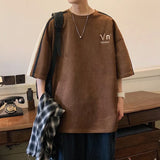 BONSIR  -  Korean Y2k Suede T-shirt Men Striped Short Sleeve Letter Printing T Shirts Summer Hip-hop Loose Round Neck Tops Couple Clothes