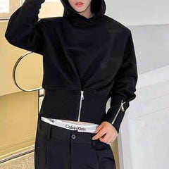 Bonsir Mens Autumn Korean Y2k Waist Cuff Zipper Slim Waist Short Hooded Sweatshirt Essential Fashion Youth Solid Color Top For Men