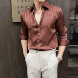 BONSIR  -  Luxury Men's Long Sleeved Silk Shirts Spring Wrinkles Design Striped Man Social Dress Shirt Elegant Party Prom Mens Clothing 4XL