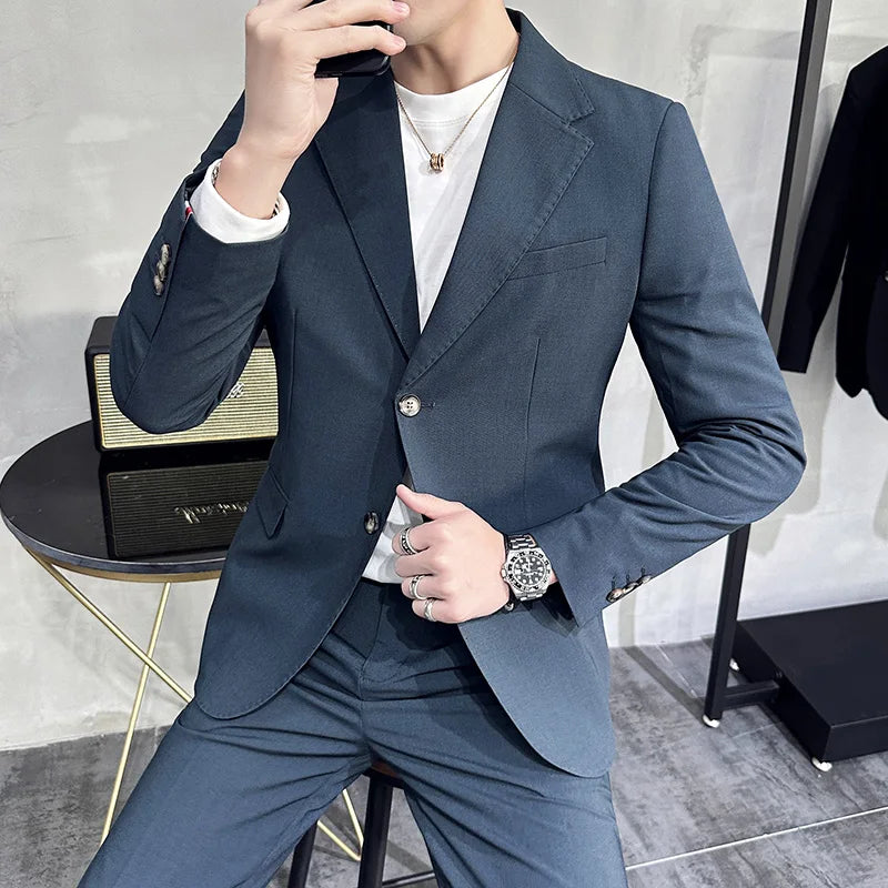 Bonsir 7XL 6XL (Jacket+Pant) Spring Summer Simple Casual Suit Men's Business Groom Wedding Tuxedo Formal Prom Party Office Suit