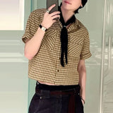 BONSIR  -  Men Plaid Shirt Lapel Short Sleeve Pockets Korean Style Men Clothing Summer Loose 2025 Streetwear Causal Male Crop Tops