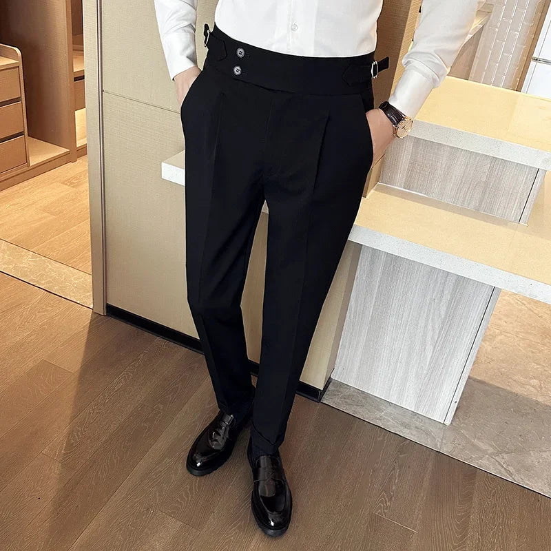 Bonsir Autumn Winter High Waist Business Dress Pants Men Casual Belt Design Slim Suit Pants Formal Wedding Social Party Male Trousers