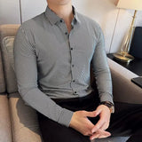 Bonsir Plus Size 4XL-M High Elasticity Seamless Shirts Men Elegant Traceless Striped Slim Fit Shirt Formal Long Sleeve Social Dress