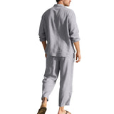 BONSIR  -  Summer Casual Mens Linen Two Piece Suits Leisure Breathable Long Sleeve Shirt And Trousers Men Outfits Fashion Solid Color Sets