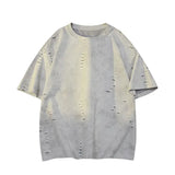 BONSIR  -  American Street Style Irregular Hole T-Shirt 2025 Summer Men's Short-sleeved Round Neck Top Tide Tshirt Hip Hop Couple T-shirts