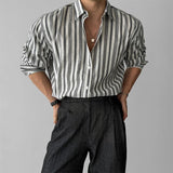 BONSIR  -  New Naples Business Men Shirts Light Luxury Textured Lapel Striped Long Sleeve Cardigan Leisure Premium Commuter Blouse M-2XL