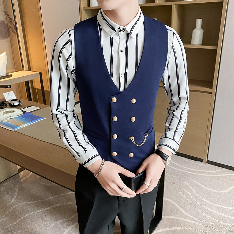 Bonsir Plus Size 5XL-M Men Double Breasted Gentleman Dress Casual Suit Vest Gold Button Slim Formal Business Office Social Jacket Vests