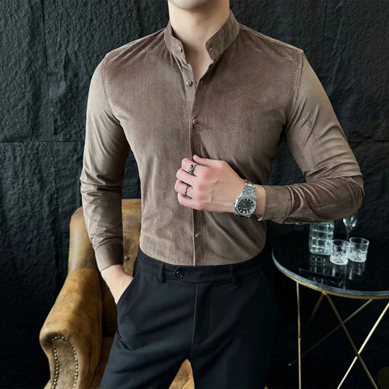 Bonsir Autumn Winter Velvet Men's Shirt Fashion Stripe Standing Collar Long Sleeved Casual Slim Fit Shirt Formal Business Social Tuxedo