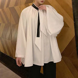 BONSIR  -  Design Black White Contrast Tie Decoration Men's Loose Pullover Wide Sleeve Shirt Korean Street Fashion Dance Party Luxury Shirt