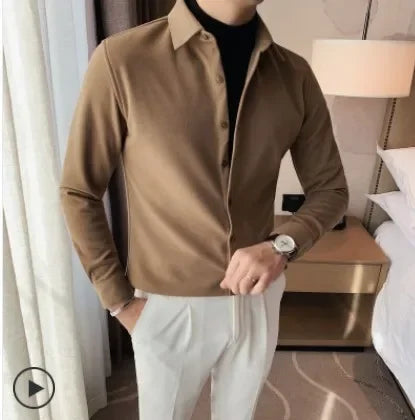 Bonsir Autumn Winter New Fashion Fake 2 Pieces Shirts Men Woolen Thicken Long Sleeve Slim Casual Shirt Formal Social Warm Blouses