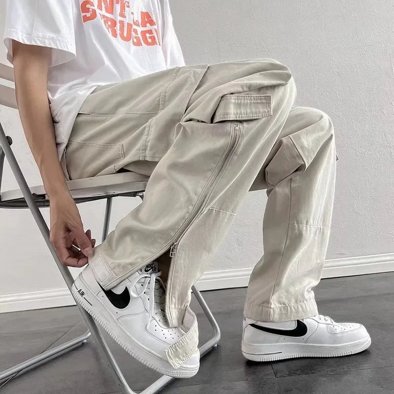 Bonsir Zipper Cargo Pants Men Cotton White Cargo Trousers Male Hip Hop Streetwear Vintage Loose Casual Safari Style Pocket