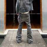 Bonsir High Street Washed Gray Boot Cut for Men and Women Straight Frayed Casual Baggy Flare Jeans Oversized Loose Denim Trousers
