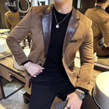 Bonsir Spliced Leather Collar Flannel Texture Suit Coat Autumn Winter Men Slim Fit Business Thick Striped Wedding Suits Men's Clothing