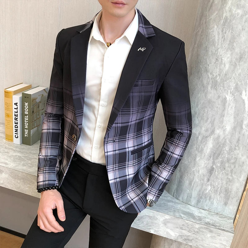 Bonsir Spring New Colorblock Plaid Blazer Men Slim Casual Man Blazers Wedding Business Party Clothing Dress Coat Blazer M-3XL