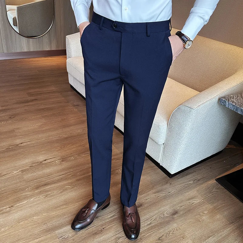 Bonsir Autumn New High Waist Solid Casual Dress Pants Men High Quality Slim Suit Pants Formal Wedding Social Party Trousers