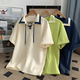 BONSIR  -  Patchwork Men's T-shirt Summer Simple Loose Male Short Sleeved T Shirt Korean Lapel Casual Tee Couple Top
