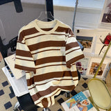 BONSIR  -  Casual Striped Men's T-shirt Japanese Retro Loose Male Short Sleeved T Shirt Summer Round Neck Casual Preppy Style Tee