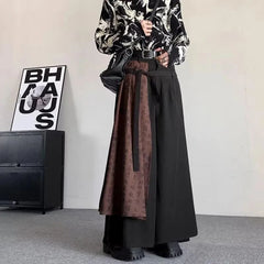 Bonsir Mens Double Layer Chinese Calligraphy Splicing Irregular Culottes 2024 New Genderless Waist Strap Loose Wide Leg Pants Unisex