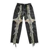 Bonsir High Street Heavy Industry Color Match Tassel Patchwork Baggy Jeans Mens and Womens Straight Ripped Casual Denim Trousers