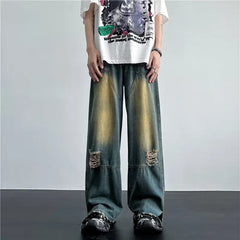 Bonsir New Streetwear Patchwork Jeans Cargo Pants Loose Plus Size Neutral Wide Leg Pants Harajuku Casual Denim Pants Men Clothing Y2K