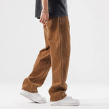 Bonsir New Loose Brown Jeans for Mens Straight Personalized Pocket Decorative Pants for Spring and Summer