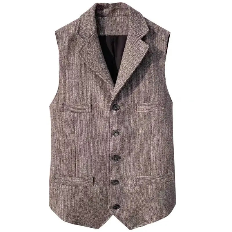 Bonsir Fashion Casual Tooling Vest Formal Herringbone Tweed Brown V Neck Wool Waistcoat Business Vest Groomman for Wedding Prom B18