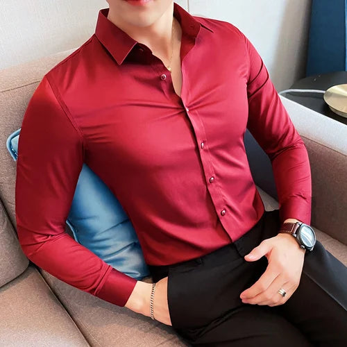 Bonsir 10Color High Quality Solid Dress Shirt Men Simple Long Sleeve Slim Fit Business Shirts Homme Social Casual Shirt Plus Size 5XL-M