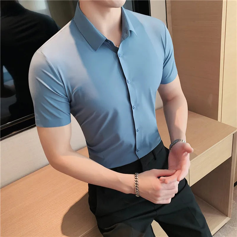 Bonsir 6 Colors Summer Ice Silk No Trace High Elasticity Shirt Men High Quality Short Sleeve Slim Fit Casual Business Dress Shirt 4XL-M