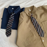 BONSIR  -  Brown Vintage Shirts Male Japanese Urban BoyTooling Short-sleeved Blouses Oversize Five-point Sleeve DK Uniform Tops