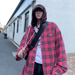 BONSIR  -  Plaid Men's Hooded Shirts Fashion Spring Casual Unisex Blouses Letter Harajuku Loose Shirts