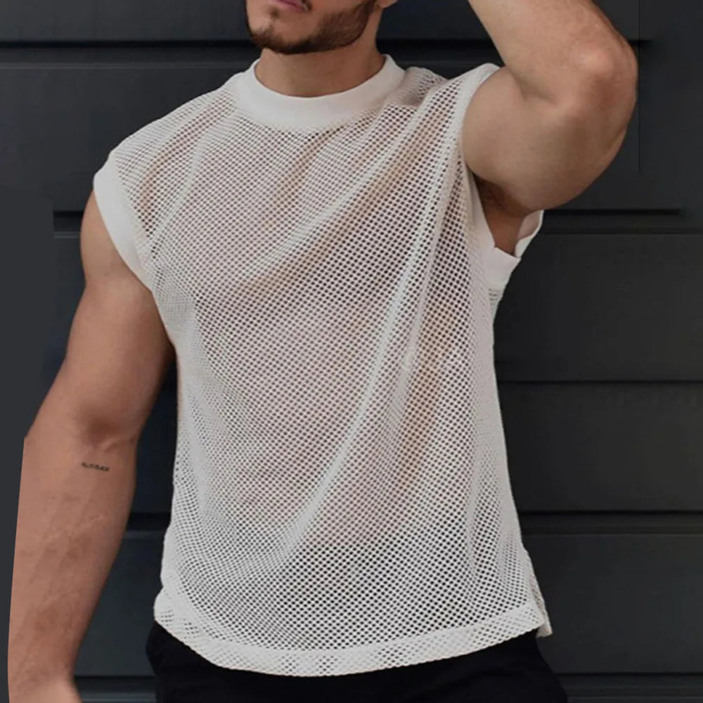 Bonsir 2024 Summer New Mens Fashion Transparent Mesh Vest Sexy Perspective Solid Color Mesh Sports Casual Sleeveless Top Men Clothing