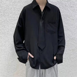 Bonsir White Solid Shirts With Tie Men's Oversize Long Sleeve Casual Cardigan Fashion Spring Autumn Blouses Unisex Daily All-match Tops