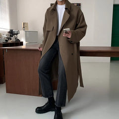 Bonsir Trench Men Coat British Style Solid Double Breasted Oversize Leisure Long Coats Stylish Outwear Hombre Korean Style Windbreaker