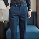 Bonsir Dark stripe Men Formal Trousers 2024 New Fashion Belt Design Man Dress Pants Simple Slim Business Casual Suit Pant Plus Size 38