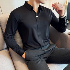 Bonsir High Elastic V-neck Non-marking POLO Shirt Autumn New Long sleeved Casual Business Solid Color T-shirt Men's Clothing