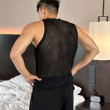 BONSIR  -  Mens Sexy Hollow Mesh Knitted Vest Genderless Nightclub Niche Casual Solid Color Sleeveless Knitted Tank Top Unisex