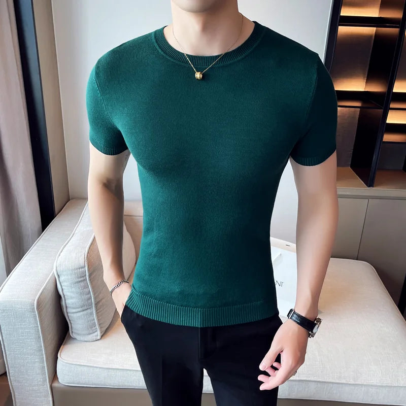 Bonsir 8 Colors Summer Round Neck Knitwear T Shirts Korean Slim Fit Solid Color Short Sleeve Men's T-Shirt Breathable Casual Tee Shirt