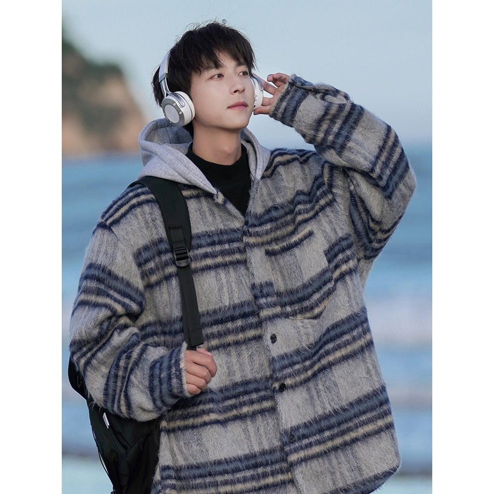 Bonsir Autumn/Winter New Woolen Plaid Loose Hooded Large Jacket Coat Fashion Men Clothing Daily Overcoat Handsome Unisex Parka