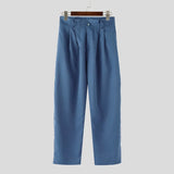 BONSIR  -  Men Pants Solid Color High Waist Pleated Button Casual Trousers Men Streetwear Loose Joggers Fashion Male Long Pants