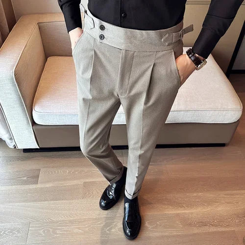 Bonsir Autumn Winter High Waist Business Dress Pants Men Casual Belt Design Slim Suit Pants Formal Wedding Social Party Male Trousers