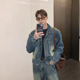 Bonsir American retro denim suit men spring autumn new styles washed worn casual and fashion two-piece set